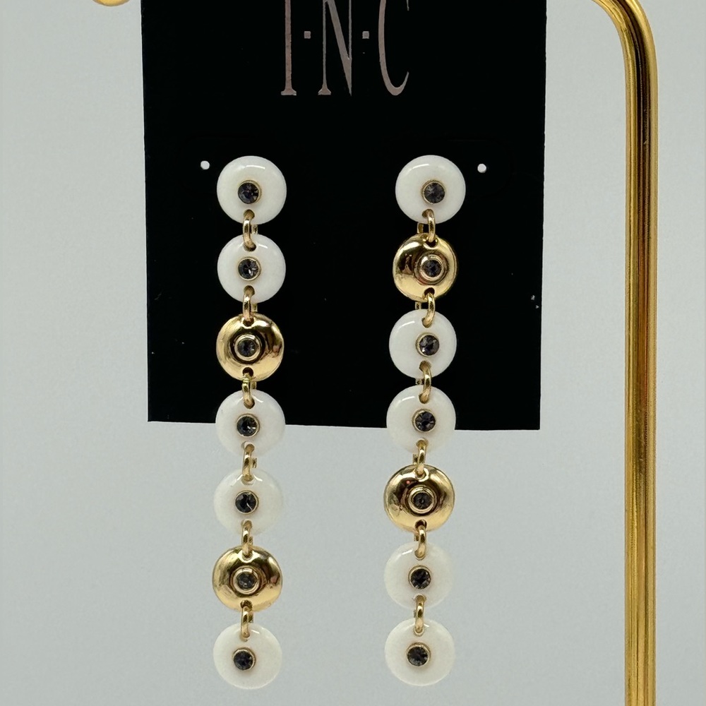INC Drop Down Stone with Embedded Crystal Dangling Earrings in Gold Tone 3in